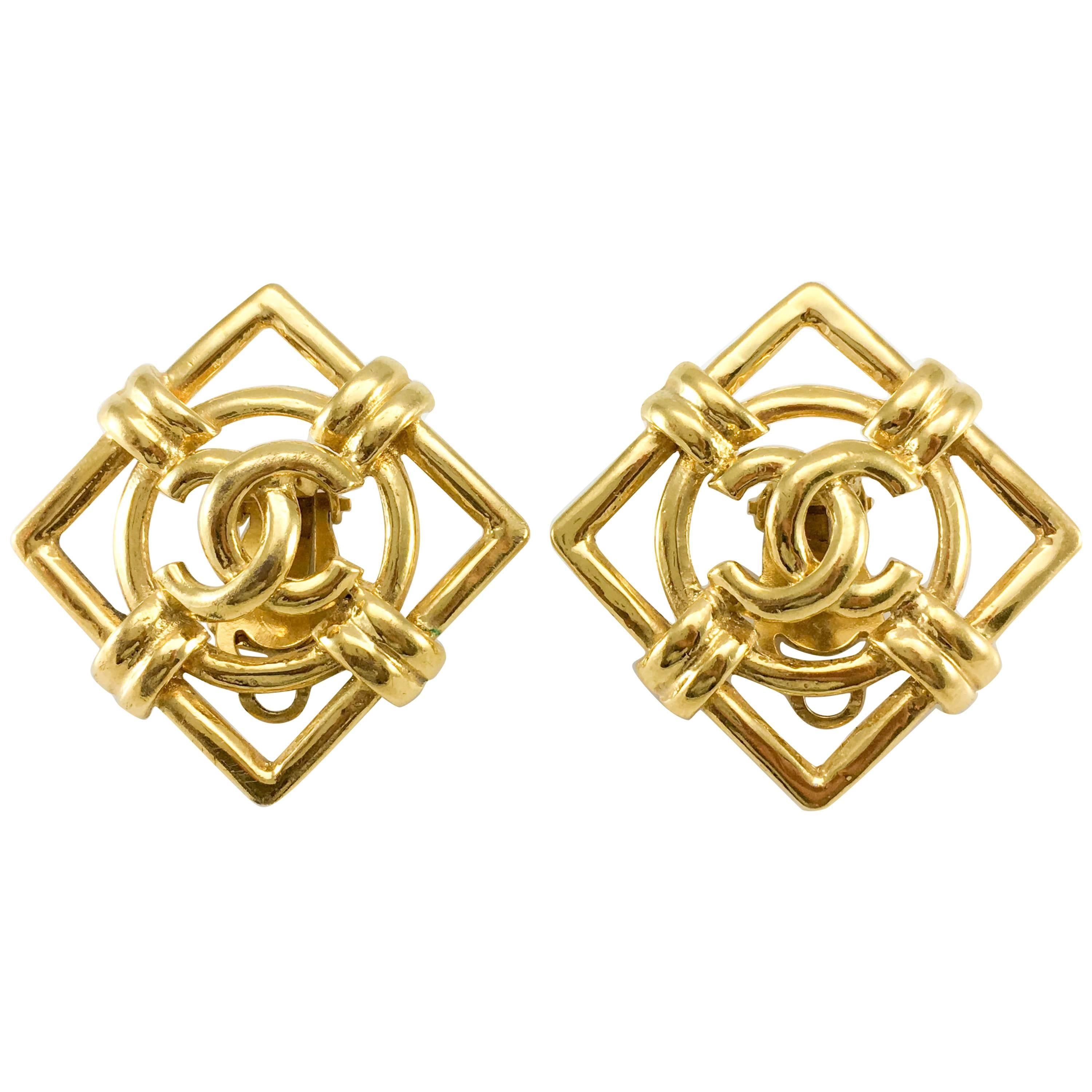 1992 Chanel Gilt Lozenge Logo Earrings 