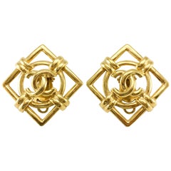 1992 Chanel Gilt Lozenge Logo Earrings Vintage 1992 Chanel Gilt Lozenge Logo Earrings