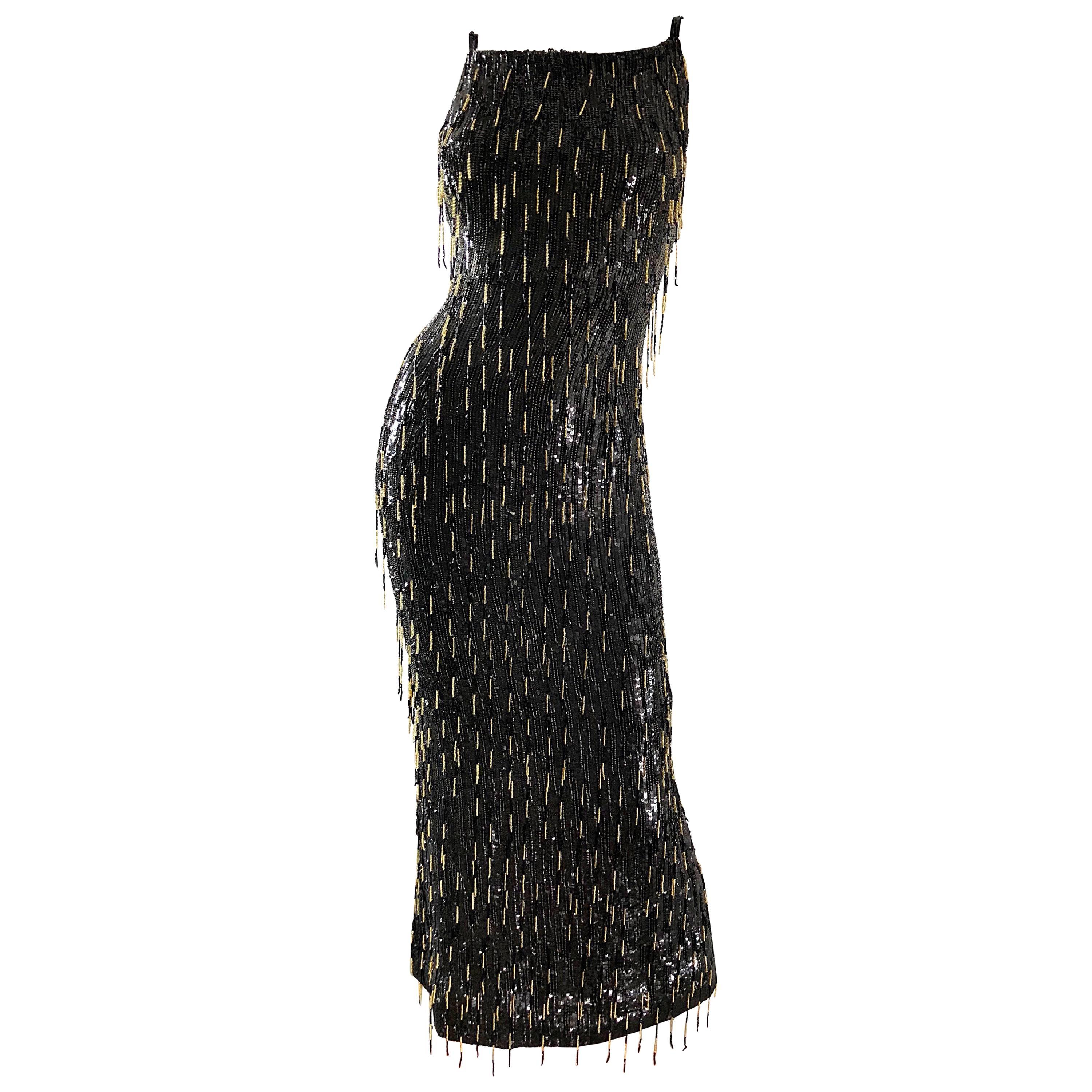 Escada Couture 1990s US 4 Black Gold Fully Beaded Fringe Sequin Vintage 90s Gown