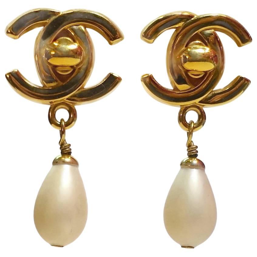 Vintage Chanel Double Cs Dangling Faux Pearl Earrings