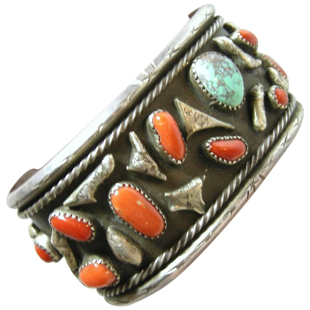 Sterling Zuni Coral and Turquoise Nugget Vintage Cuff For Sale