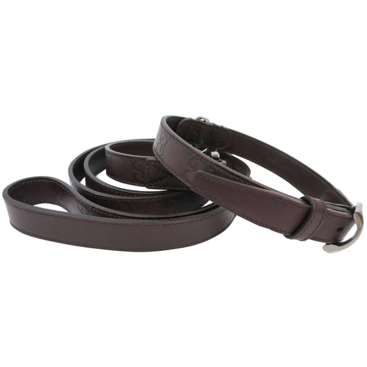 Gucci Dog Dark Brown GG Leather Silver Pet Two Piece Leash and Collar Gift Set