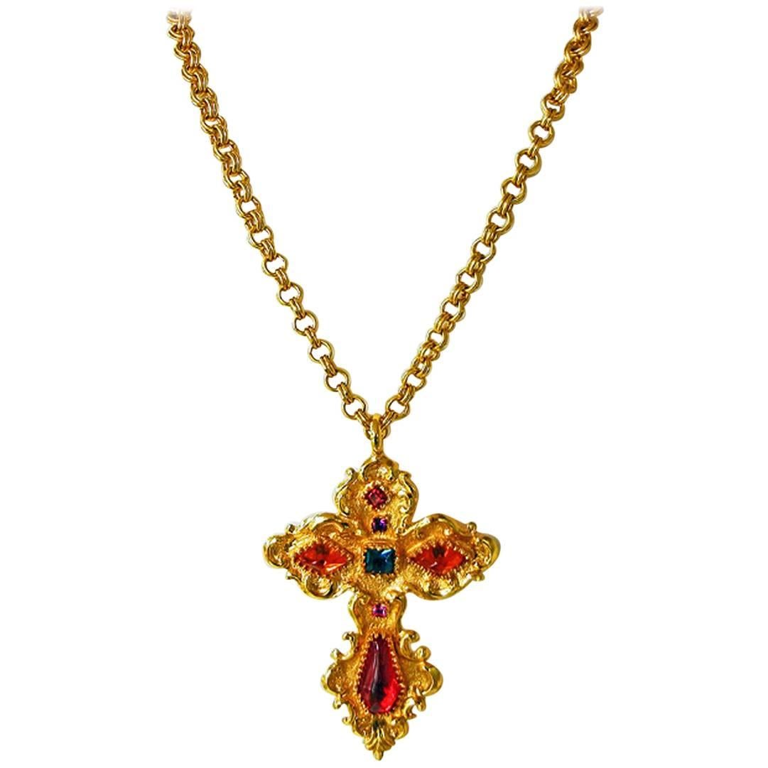  Christian Lacroix Vintage  Extra Large Baroque Jeweled Cross Necklace Pendant