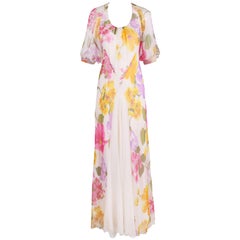 1970's Stavropoulos Bias Cut Silk Chiffon Floral Evening Gown