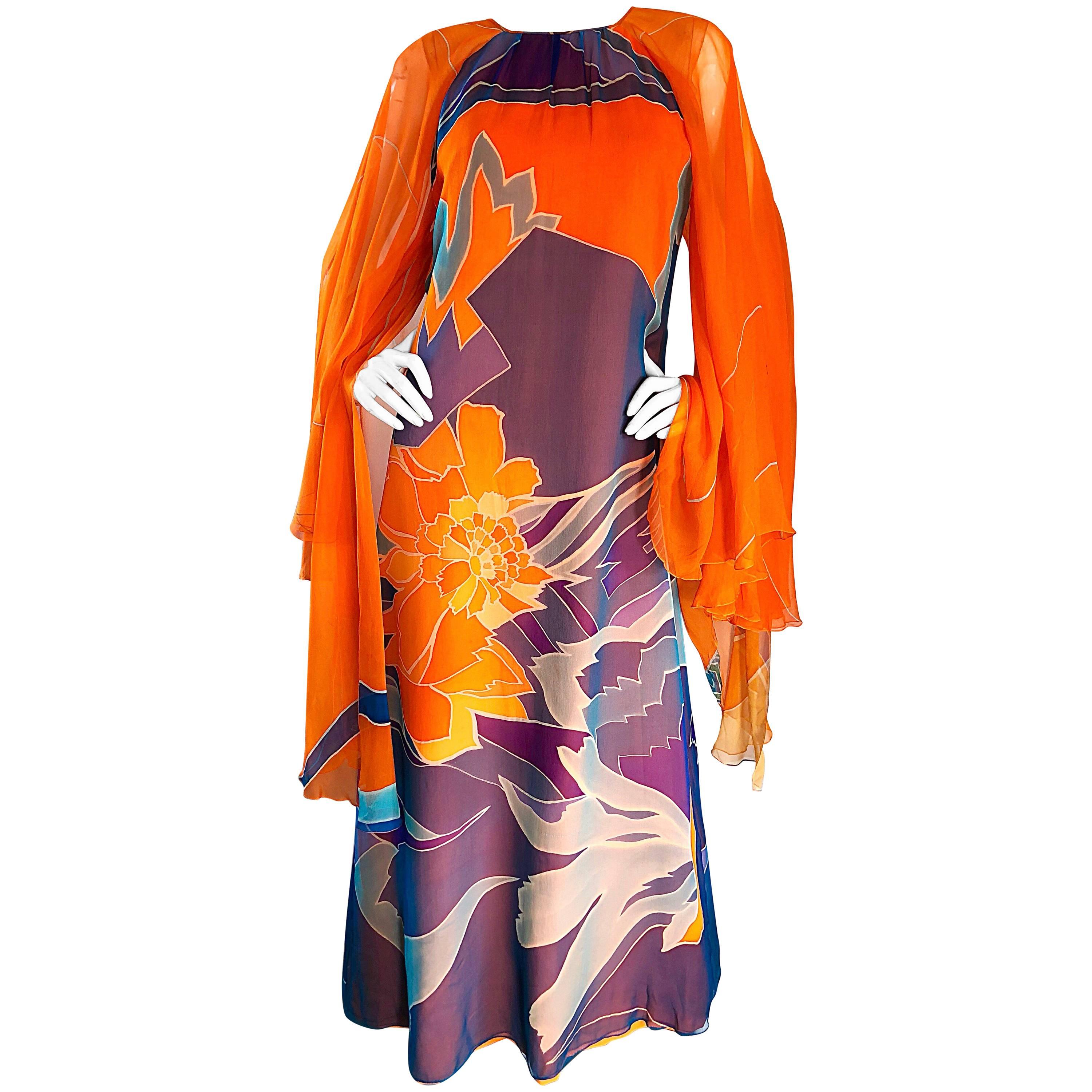 1970s Hanae Mori Couture Bright Orange Silk Chiffon Vintage Caftan Maxi Dress