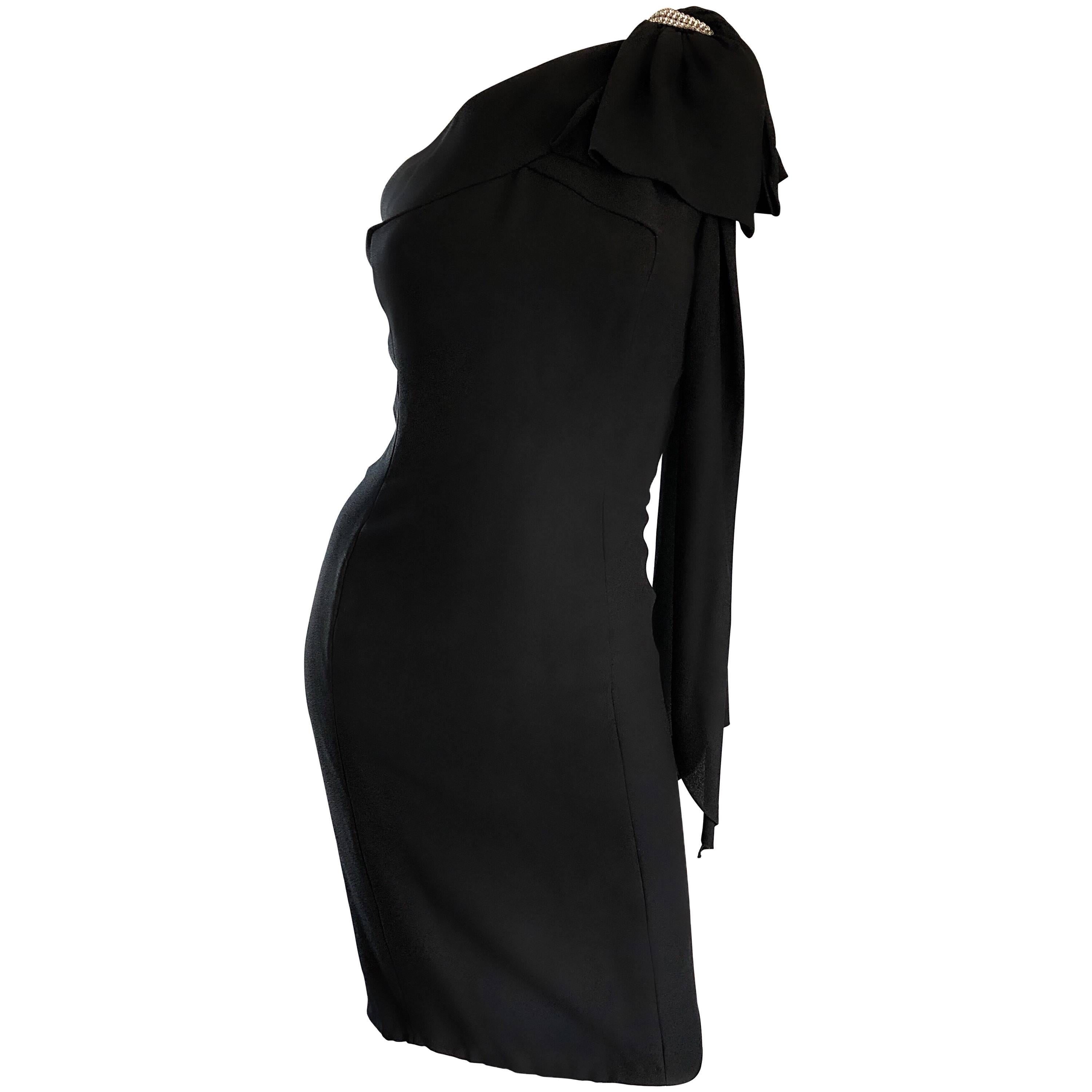 1950s Anita Modes Vestido negro Demi Couture de un hombro con pedrería de los años 50 Wiggle en venta