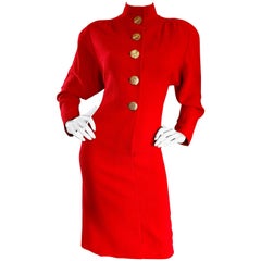 Precioso Vestido Vintage Galanos Rojo Labial Avant Garde Lana Años 80 Talla 6 / 8