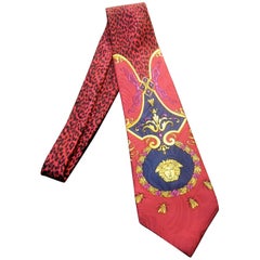 Retro Gianni Versace Burgundy Silk Medusa Animal Jungle Print Necktie, circa 1990s 