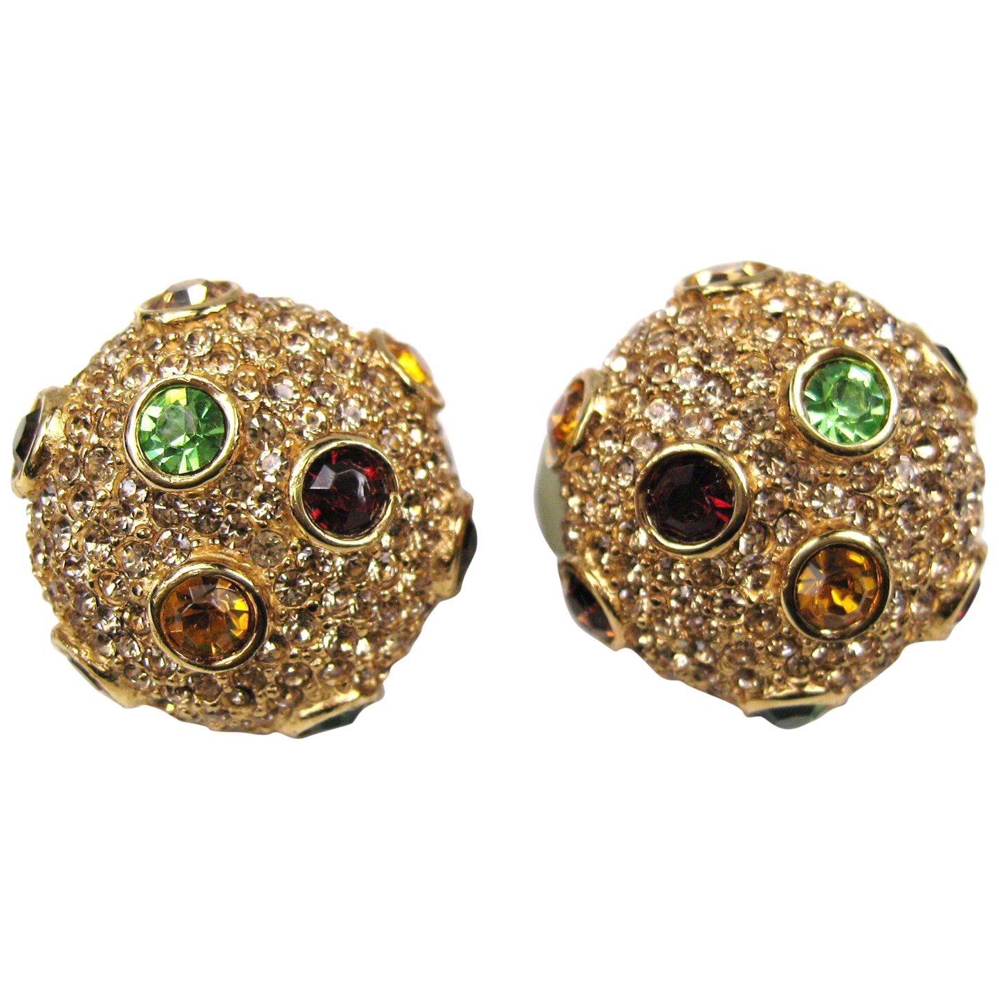  Ciner Swarovski Red Green Amber Crystal encrusted Earrings New Never worn 1980s For Sale