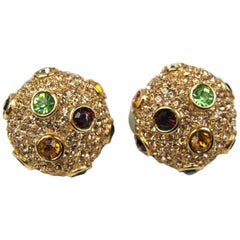 Vintage  Ciner Swarovski Red Green Amber Crystal encrusted Earrings New Never worn 1980s