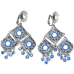 Blue Rhinestone Filigree Tassel Earrings, 1960s Vintage Blue Rhinestone Filigree Tassel Earrings, 1960s