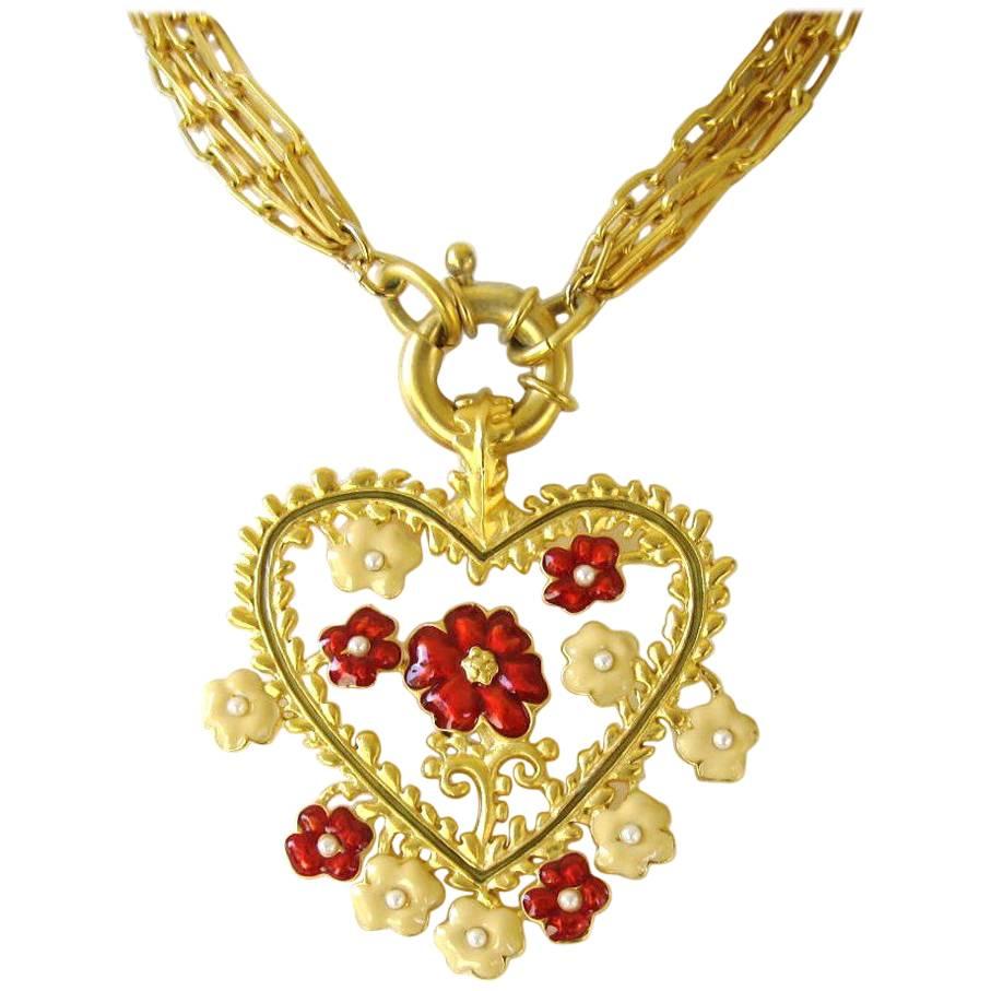 Karl Lagerfeld Red and Tan Enamel New Never worn Heart Necklace 1990s   For Sale 1