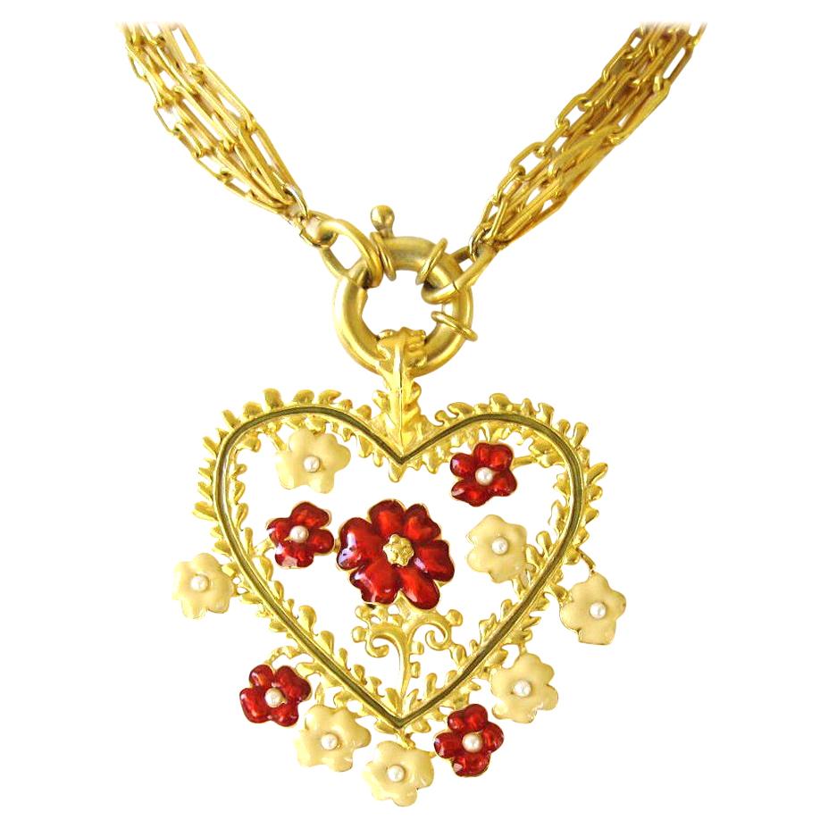 Karl Lagerfeld Red and Tan Enamel New Never worn Heart Necklace 1990s   For Sale