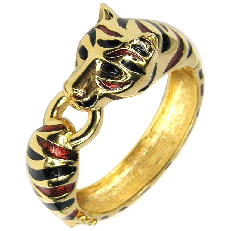 Ciner Red and Black Enameled Tiger Cuff Bracelet 1980s New, Never Worn