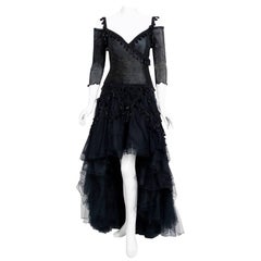 1991 Zandra Rhodes Black Tulle Tassel Fringe Bare Shoulder High-Low Gothic Gown