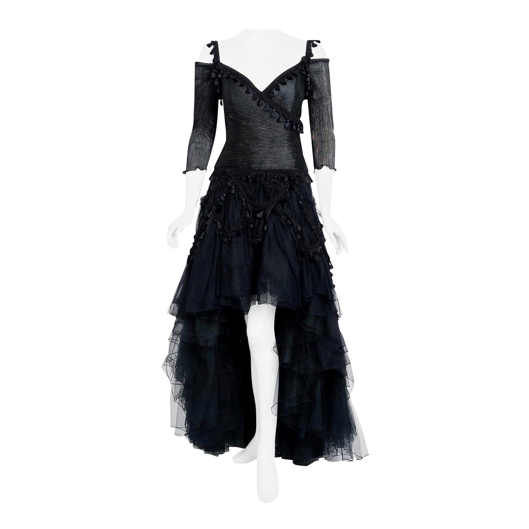 Vintage 1990s Zandra Rhodes Sheer Black Tulle Bare Shoulder Tassel High-Low Gown