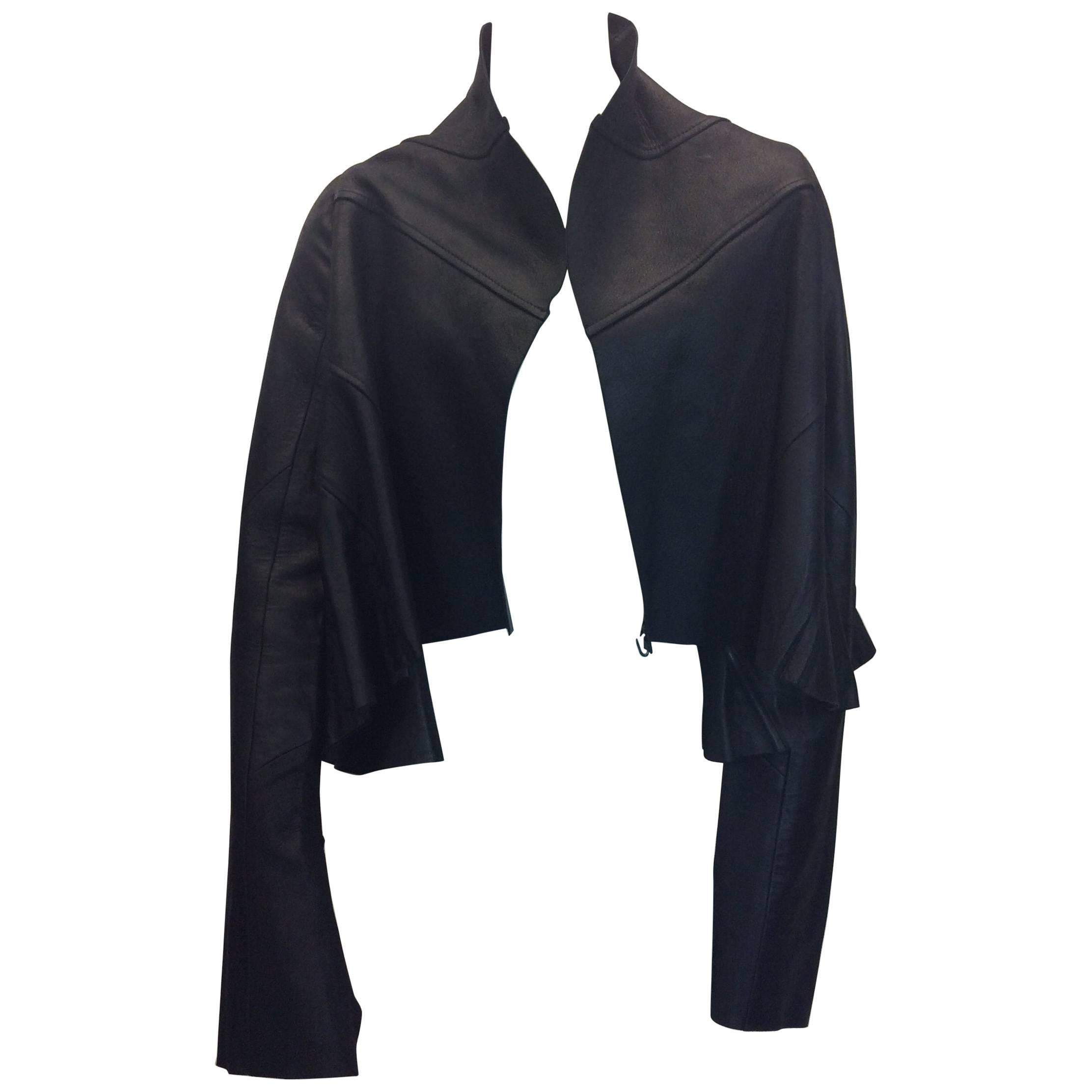 Rick Owens Leather Flared Cropped Black Jacket For Sale