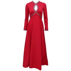 C.1970 Lipstick Red Victoria Royal Beaded Jersey Evening Dress