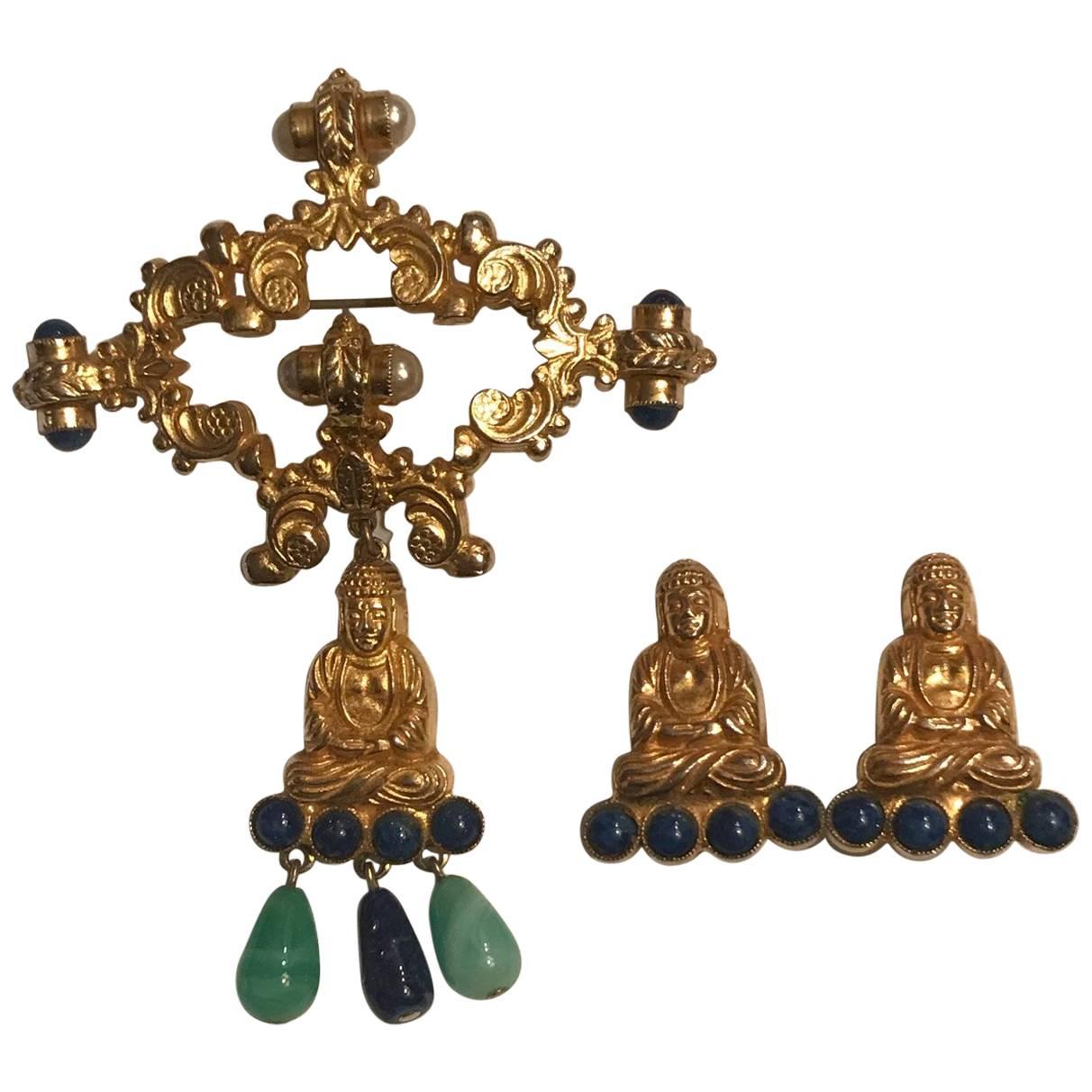 William de Lillo Gold Tone Buddha Brooch and Earrings Demi Parure Set, 1960s  