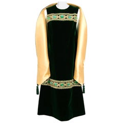 Vintage 1969 Pierre Balmain Haute-Couture Green Velvet Beaded Jeweled Gown & Tassel Wrap