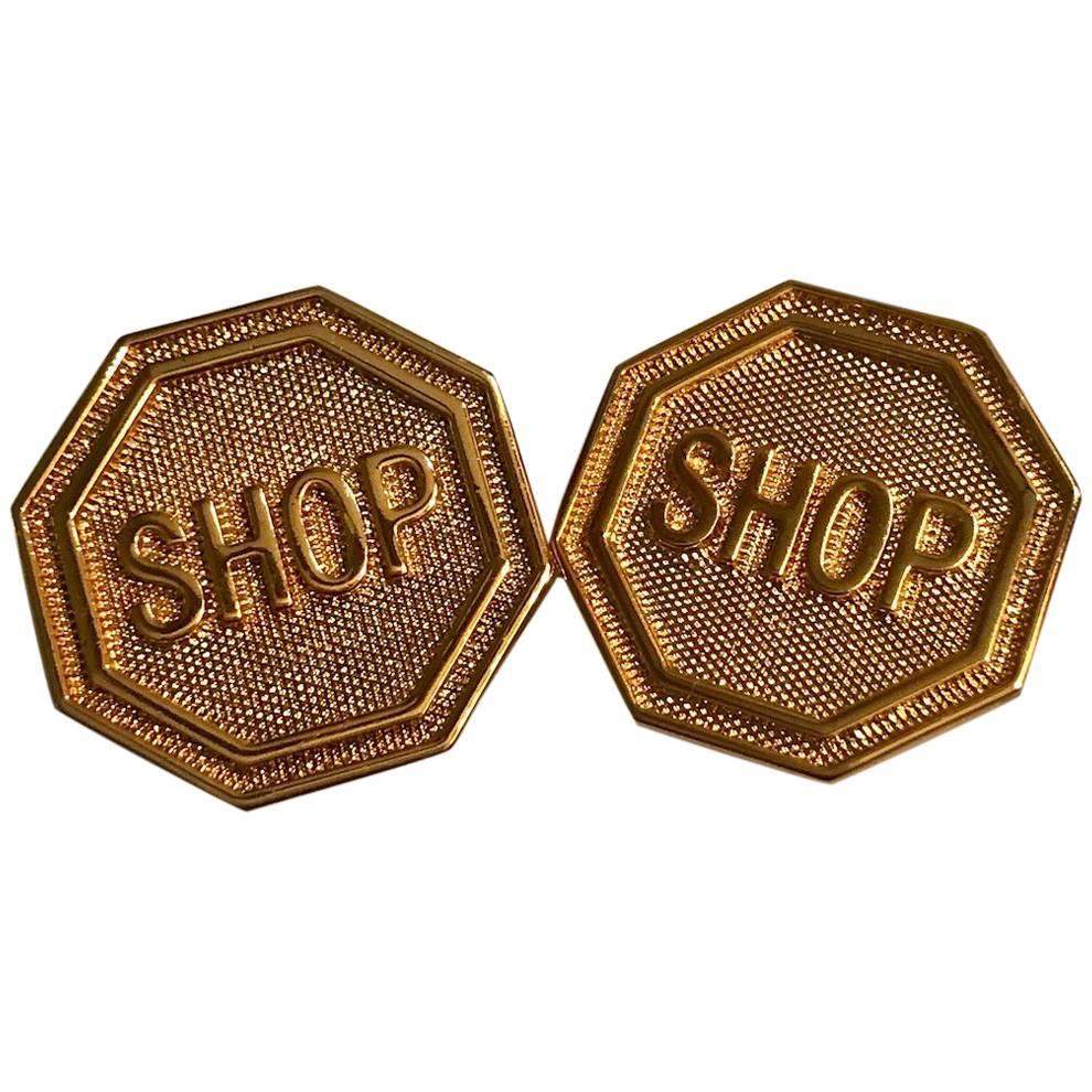 Moschino New Shop Stop Sign Gold Tone Earrings For Sale