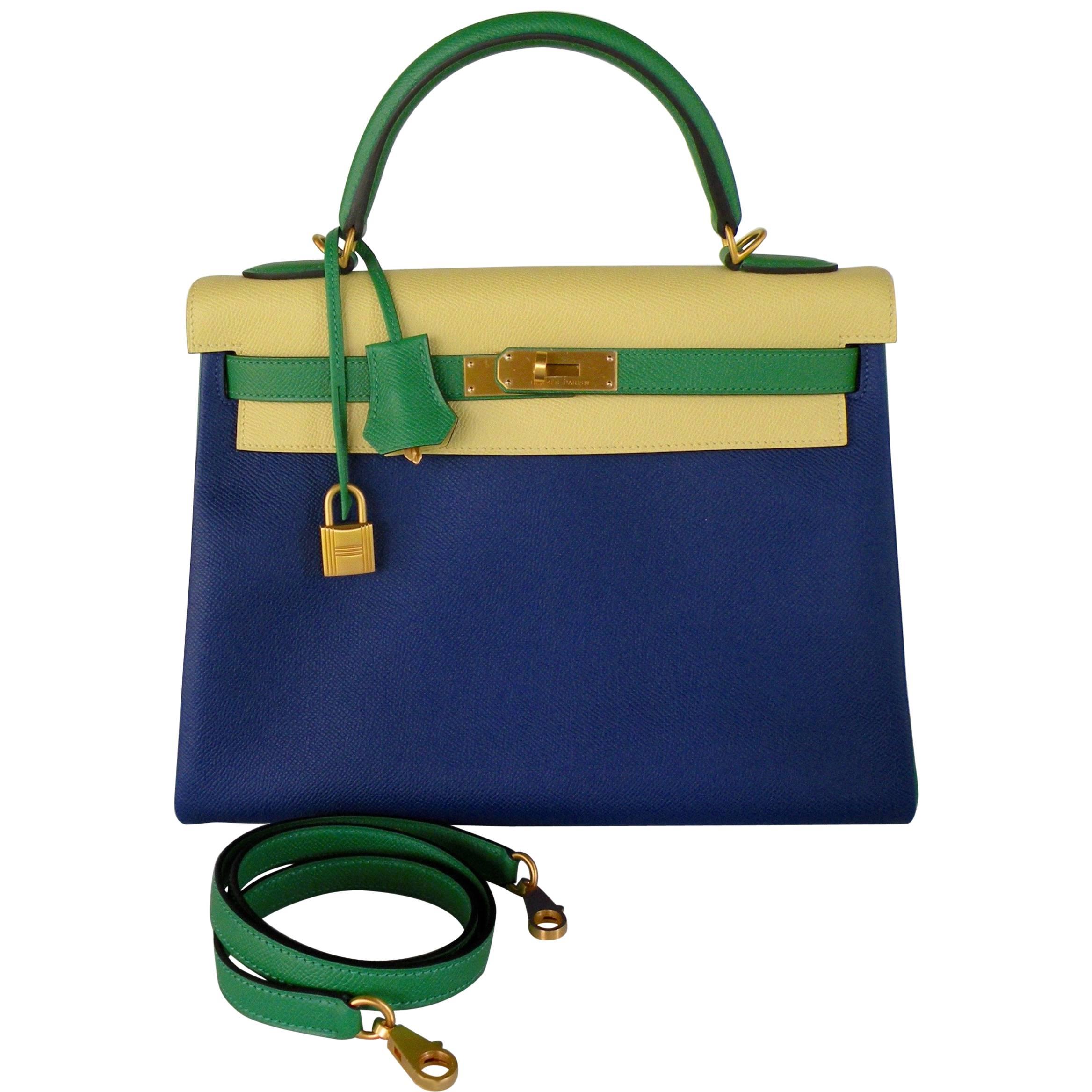 Hermes Kelly 32 Bag Tri Color HSS Bamboo Blue Electric Jaune Poussin Gold For Sale