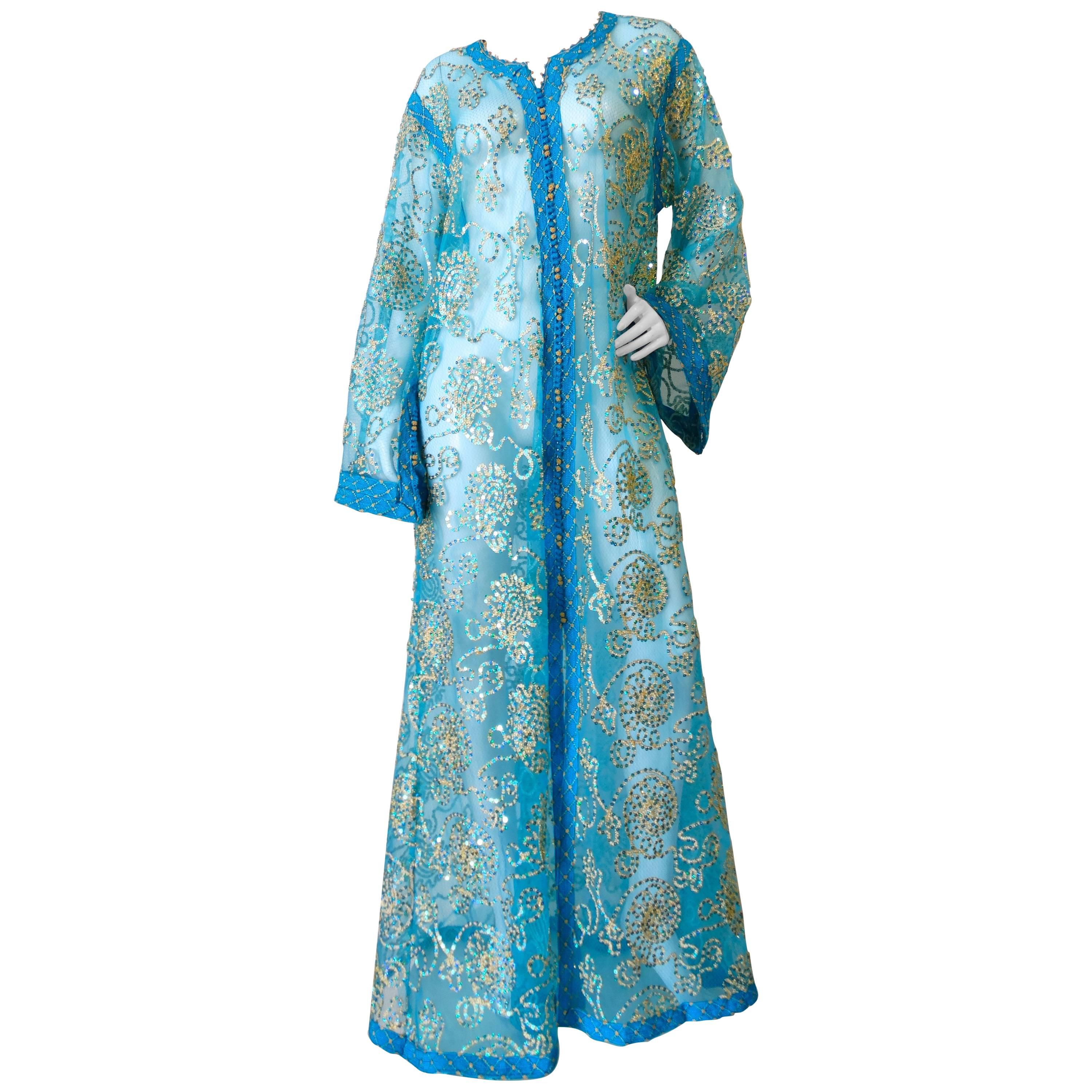 1970s Sheer Blue Super Model Length Sequin Kaftan Dress