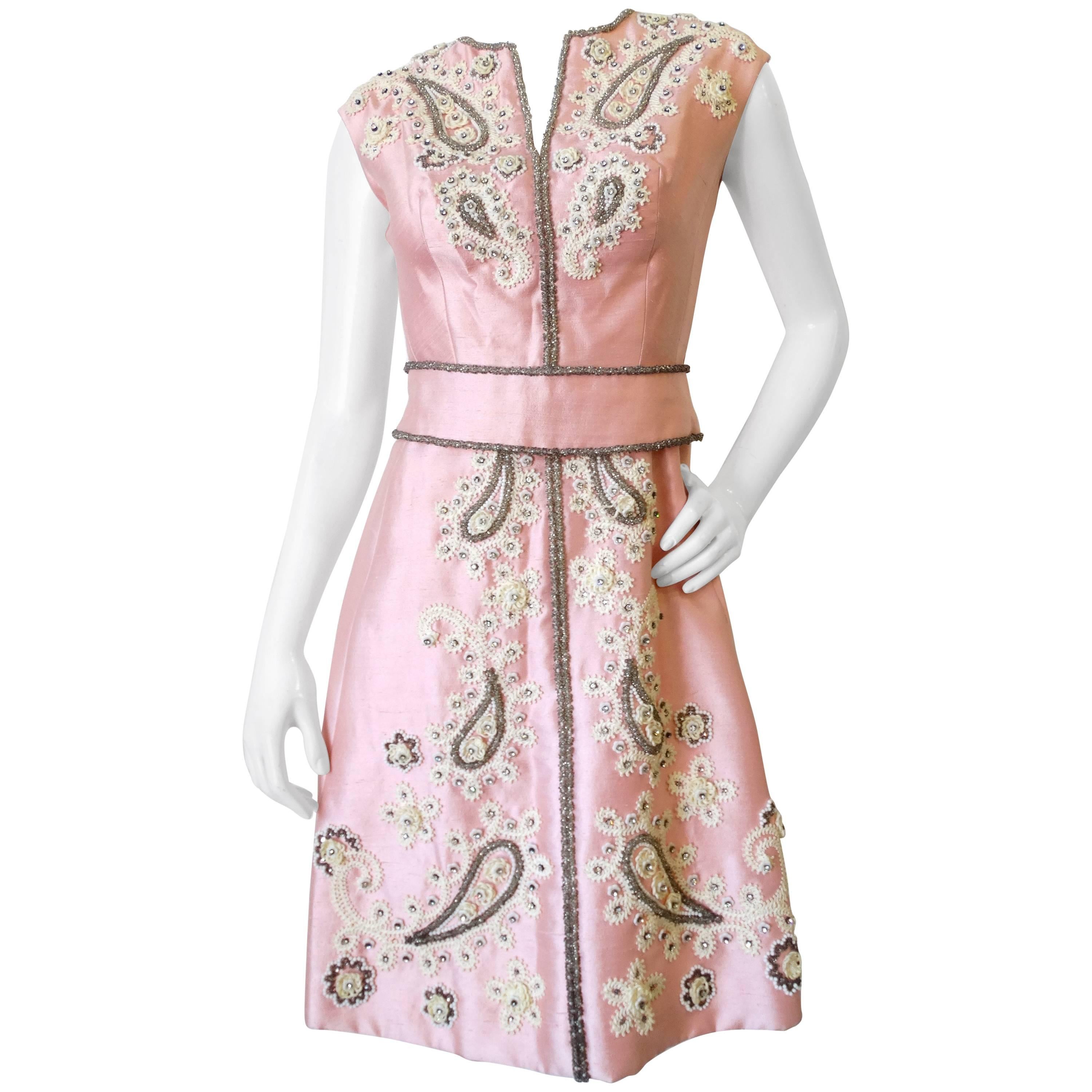 1960s Pink Silk Beaded Rhinestone Tailored Dress
