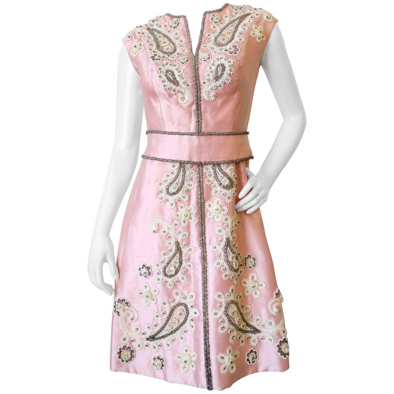 1960s Pink Silk Beaded Rhinestone Tailored Dress For Sale at 1stDibs