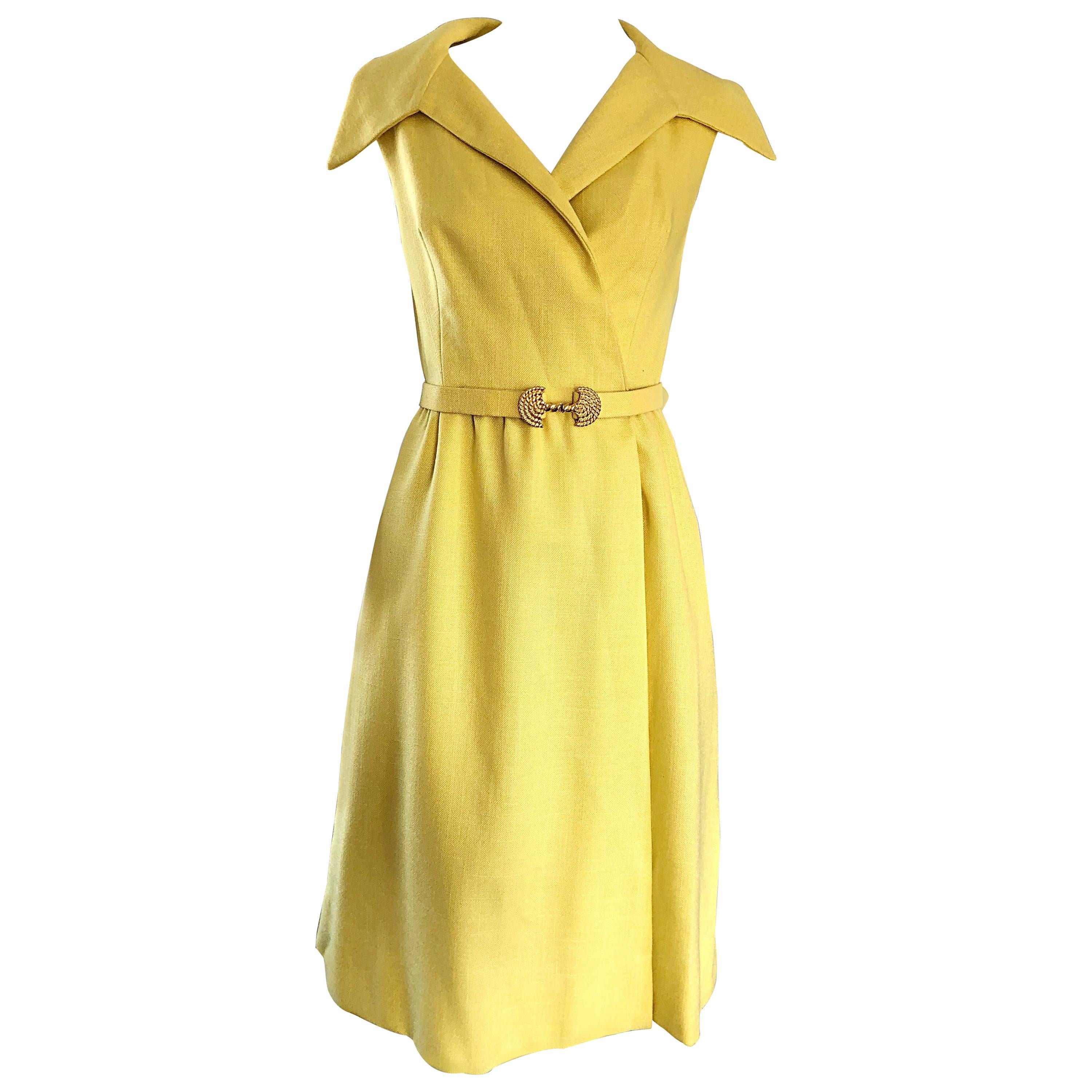 Mollie Parnis Canary Yellow Linen Vintage Belted Shirt Dress, 1950s 