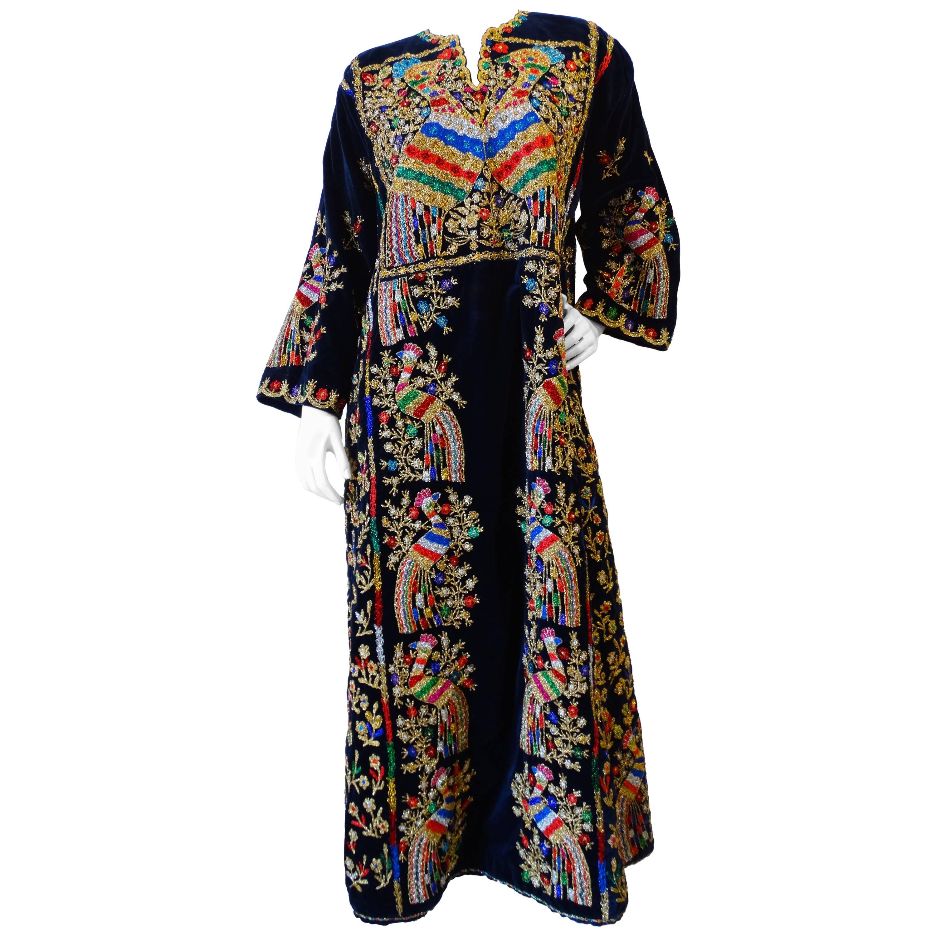 1970s Peacock Hand Embroidered Velvet Kaftan Dress