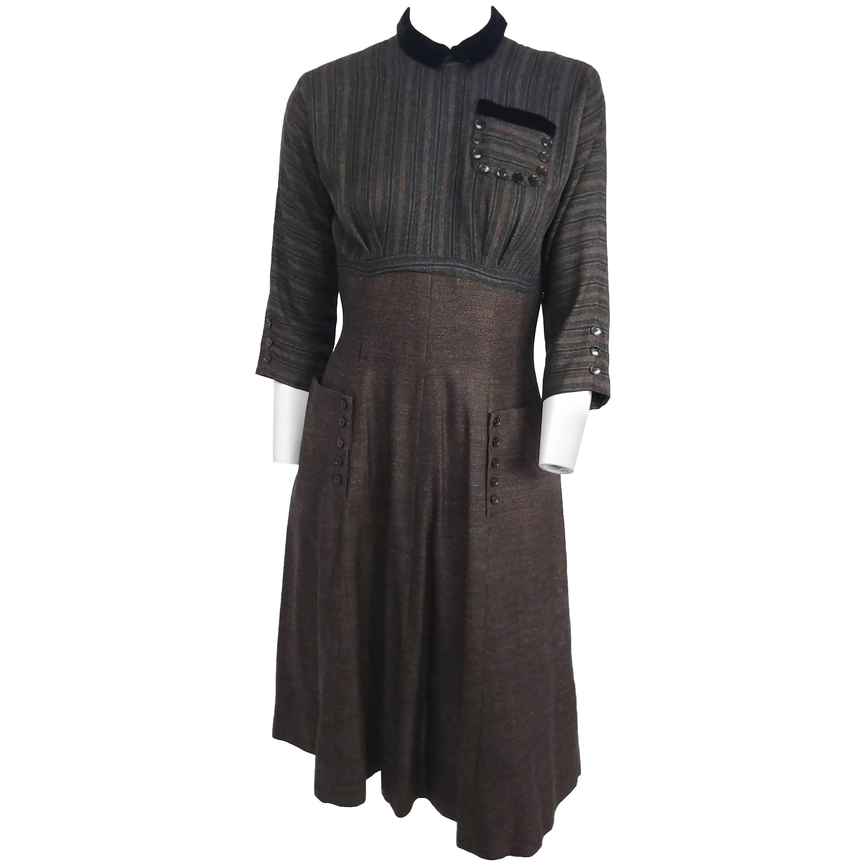 1940s Day Dress with Novelty Button Trim For Sale