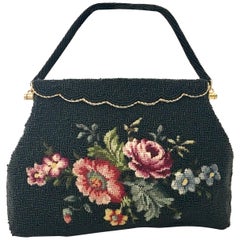 50'S Glass Glass Bead & Crewel Embroidered Hand Bag-Hong Kong