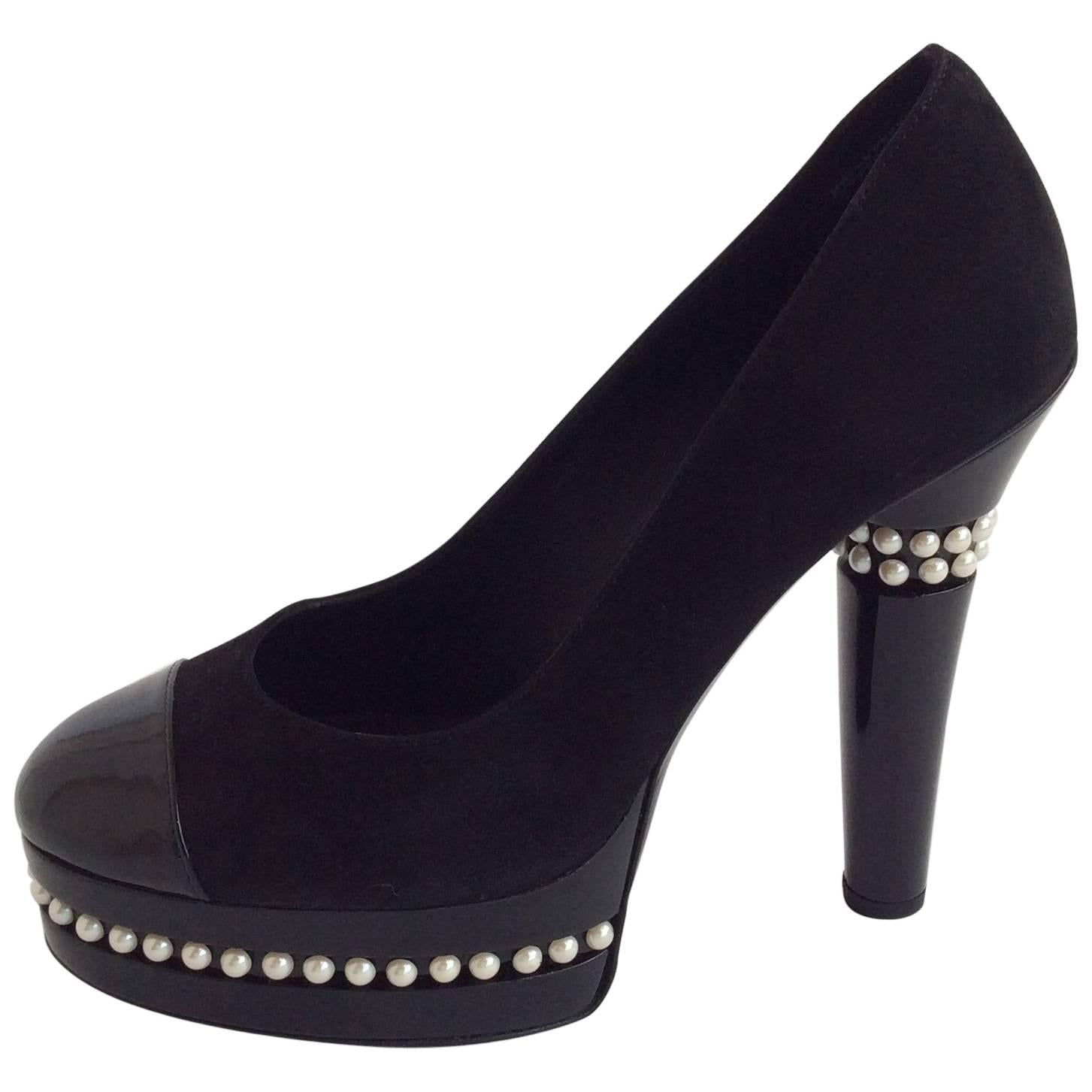 Chanel Black Suede And Patent Leather Platform Pumps With Pearl Detail ...