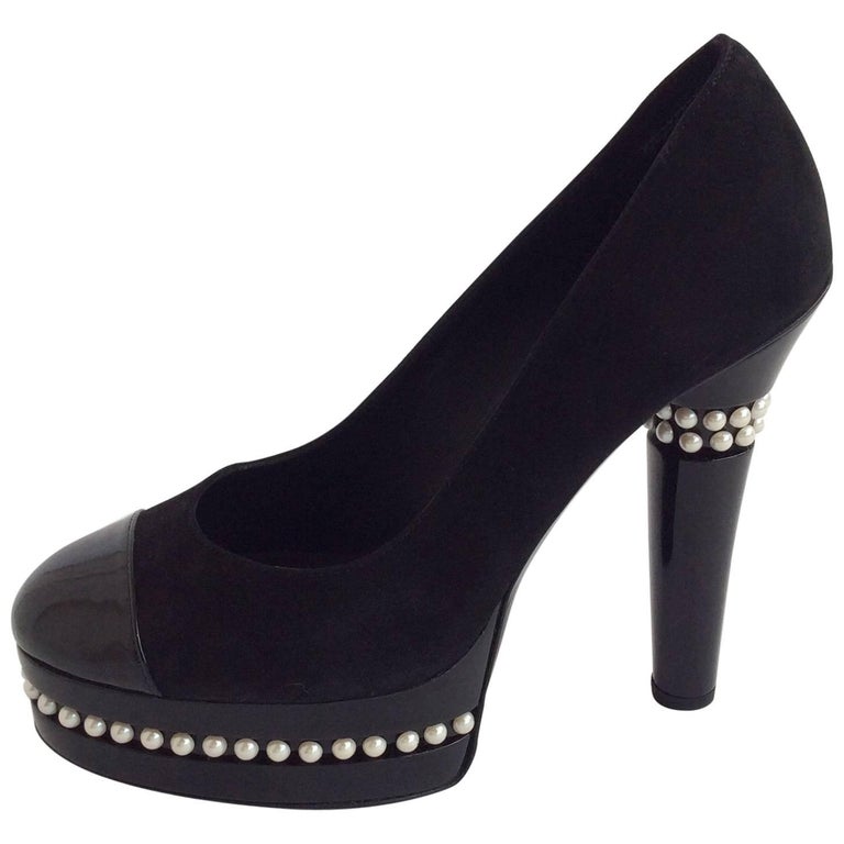 Chanel Black Suede And Patent Leather Platform Pumps With Pearl Detail