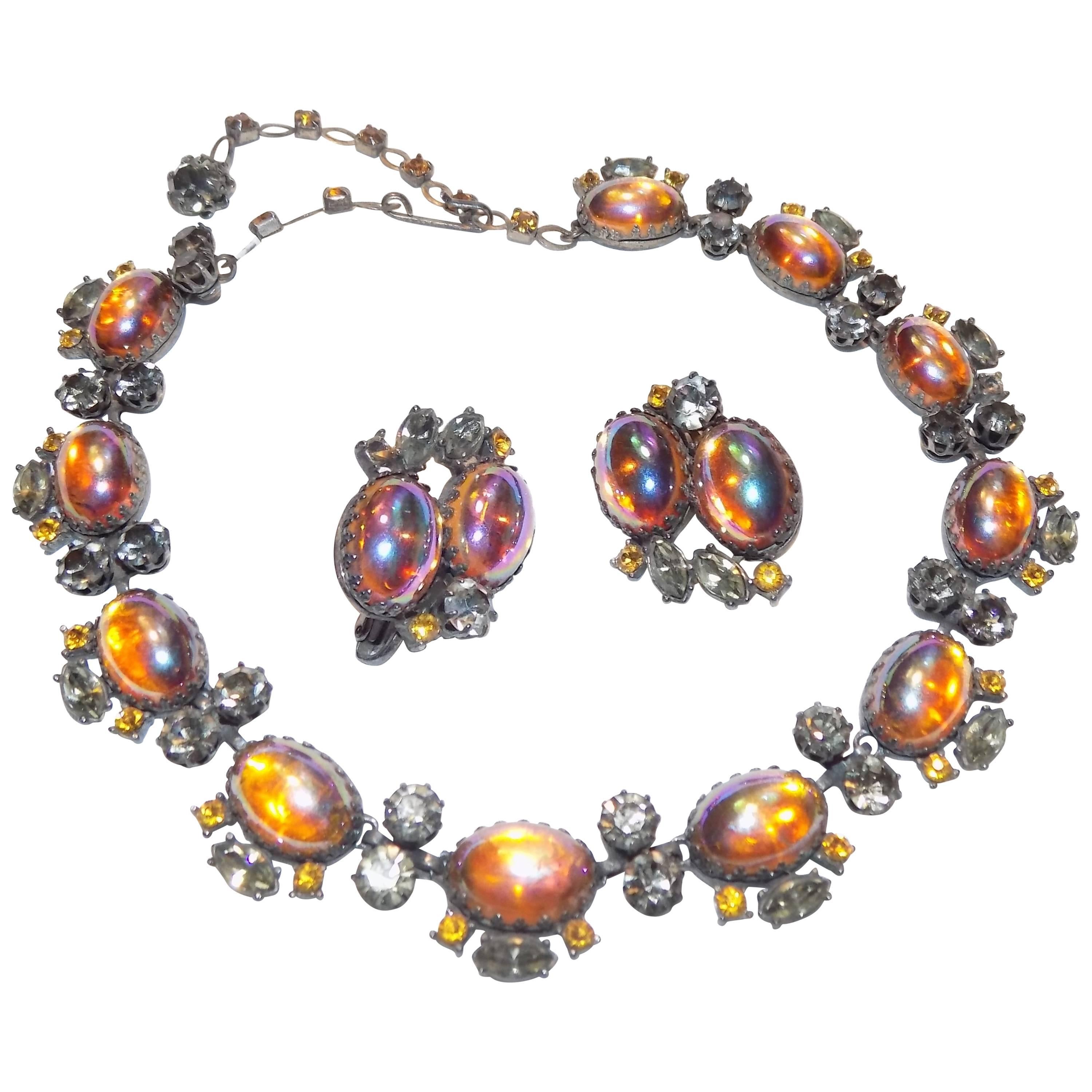 Vandome fire opal  cabochon  choker necklace and earrings set  For Sale