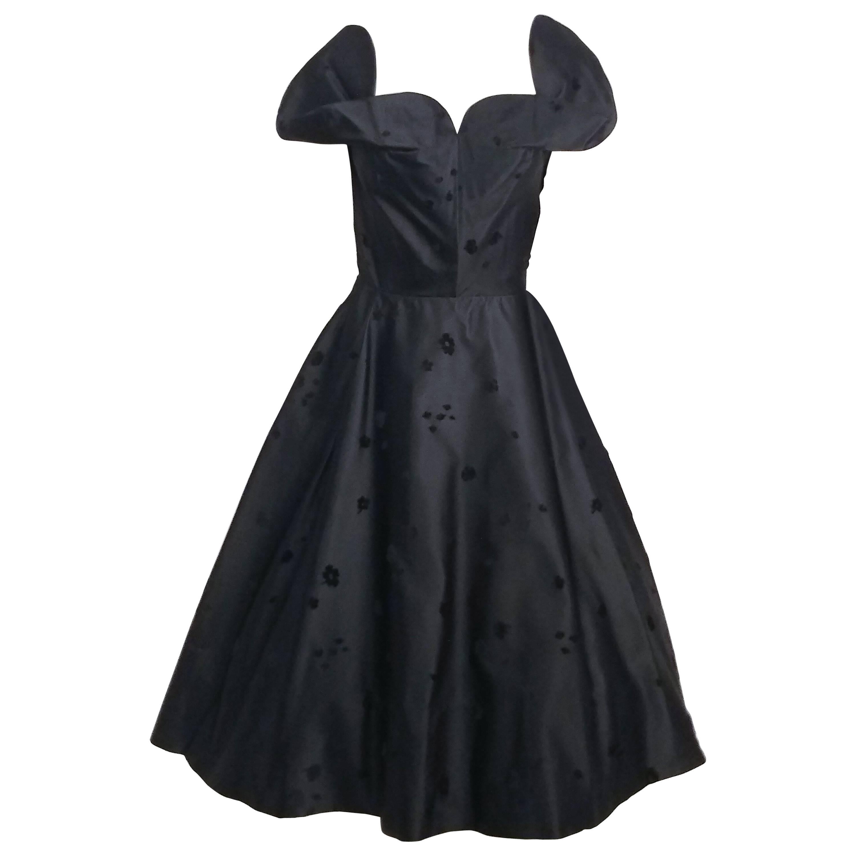 1950s Flocked Black Satin Cocktail Dress