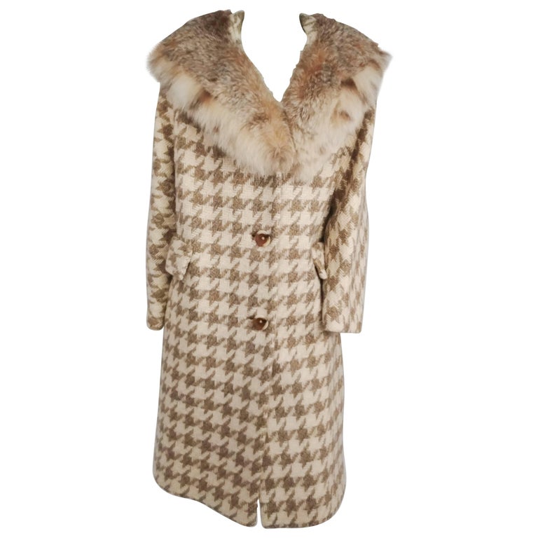 1960s Tan Herringbone Wool Coat with Fox Fur Collar at 1stDibs