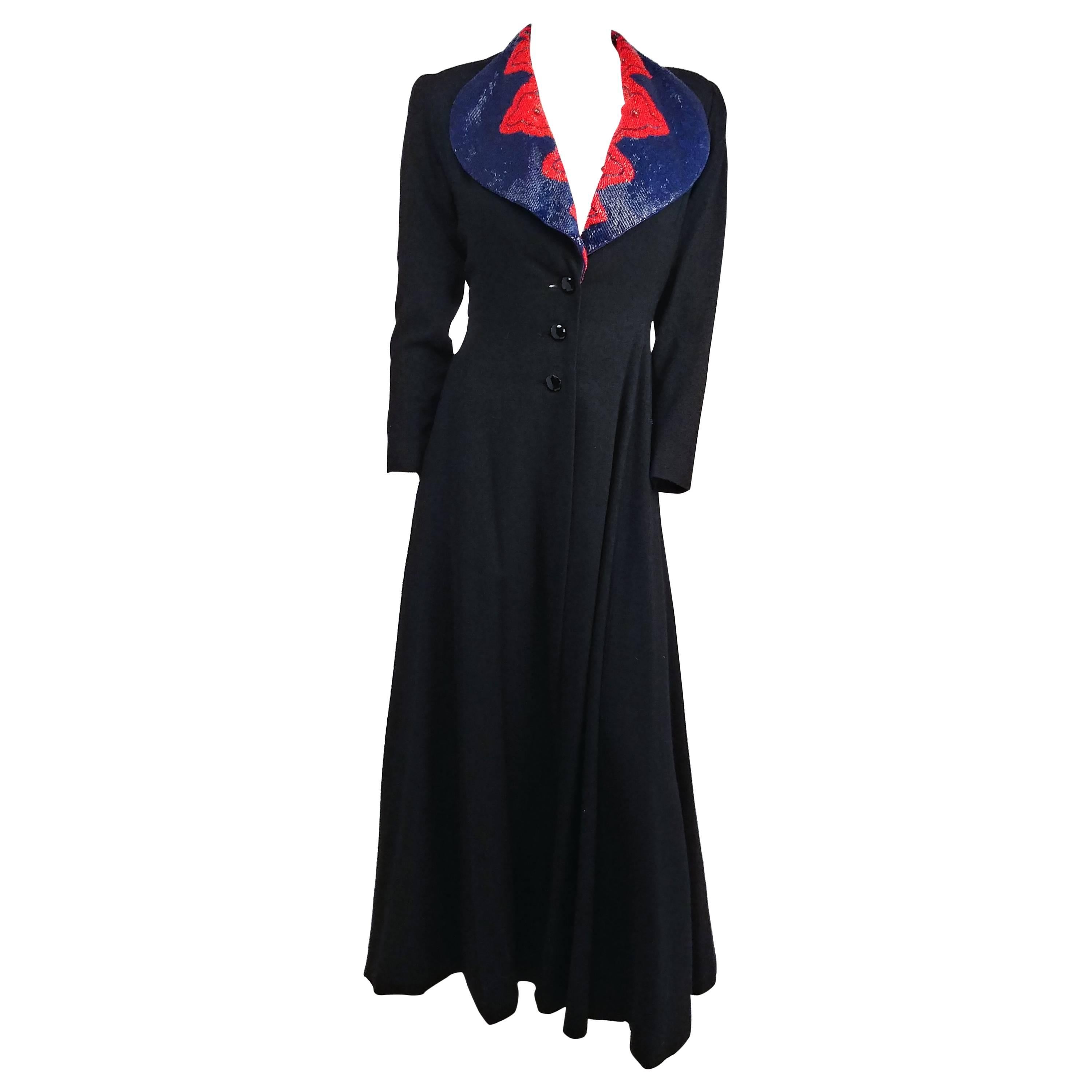 1940s Black Wool Coat with Red and Blue Beaded Collar