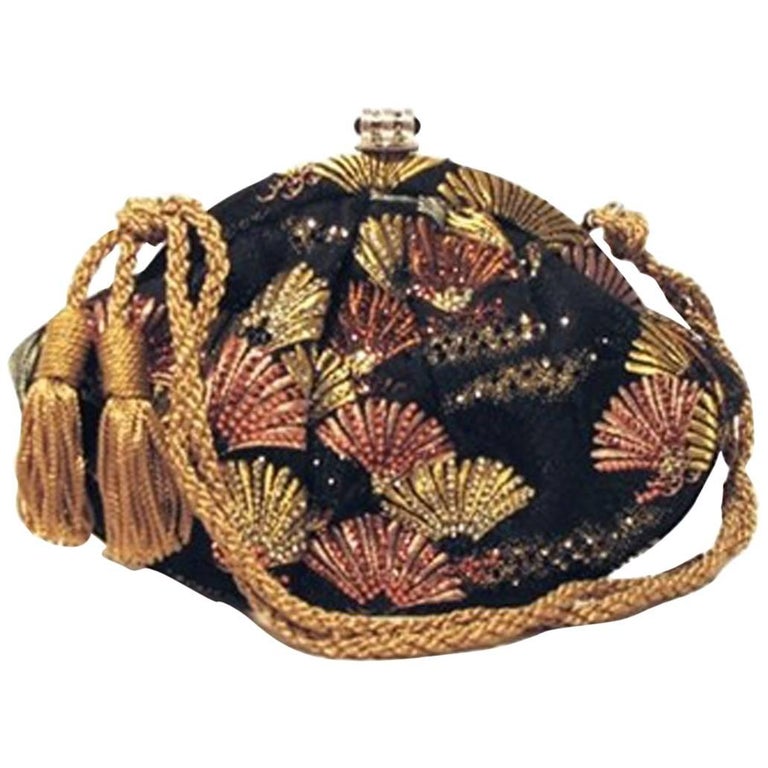 Judith Leiber Embroidered Silk and Swarovski Fan Evening Bag For Sale
