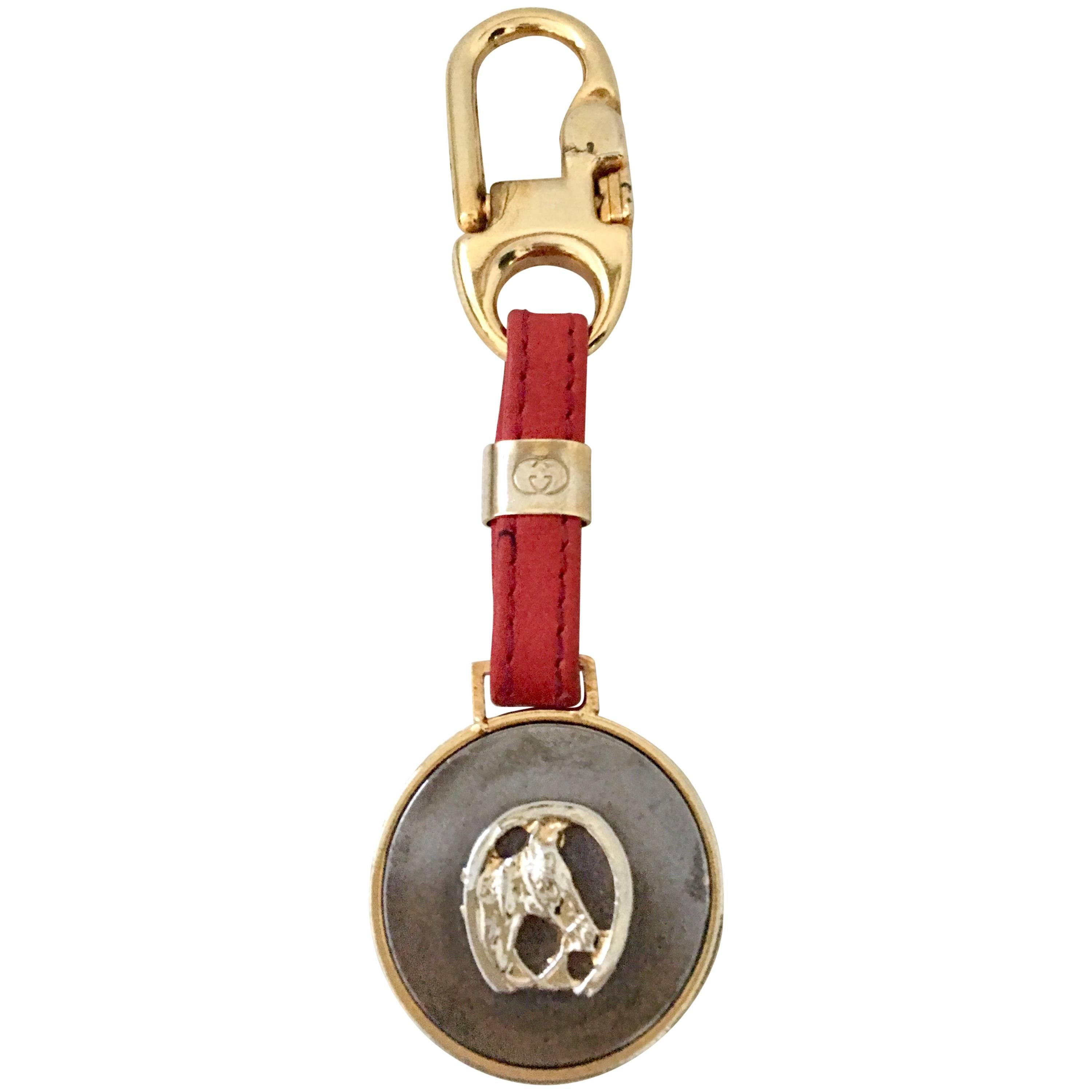 Gucci Vintage Gold Plated and Red Leather Equestrian "Good Luck" Key Chain