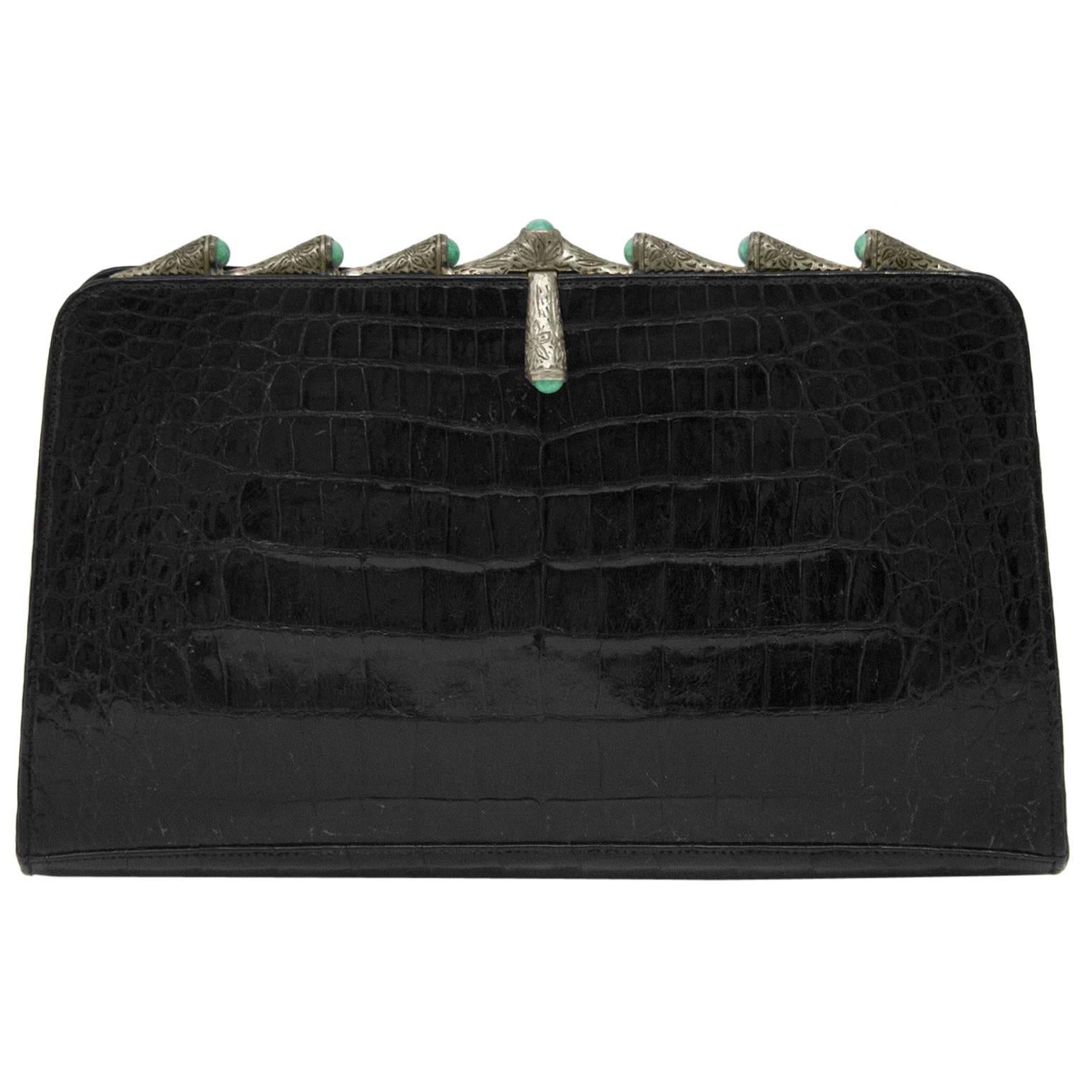 1950s Black Croc Evening Clutch with Silver and Turquoise Details