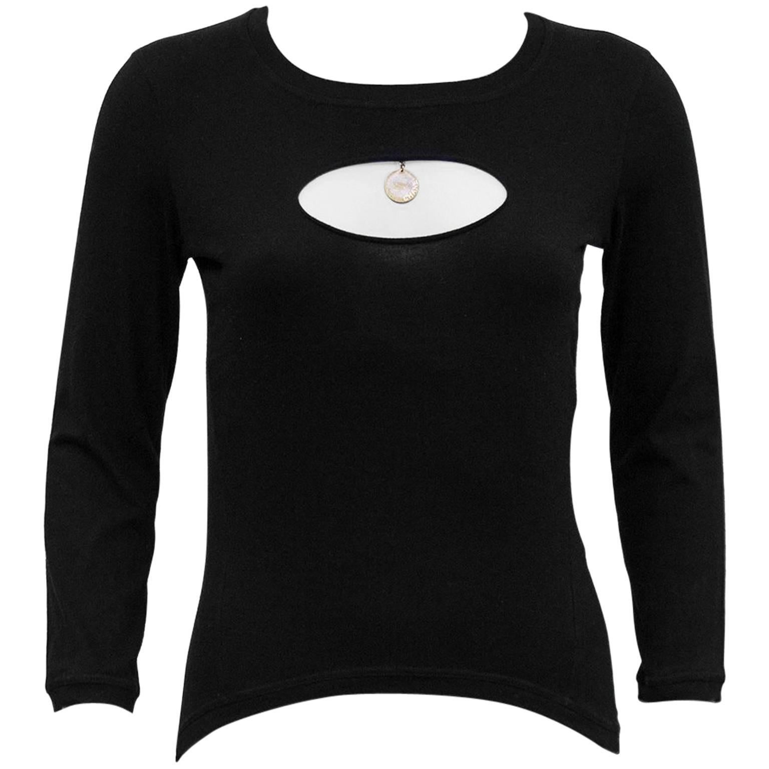 Chanel Black Long Sleeve Top with Cut Out and Coin Detail, 1990s  For Sale