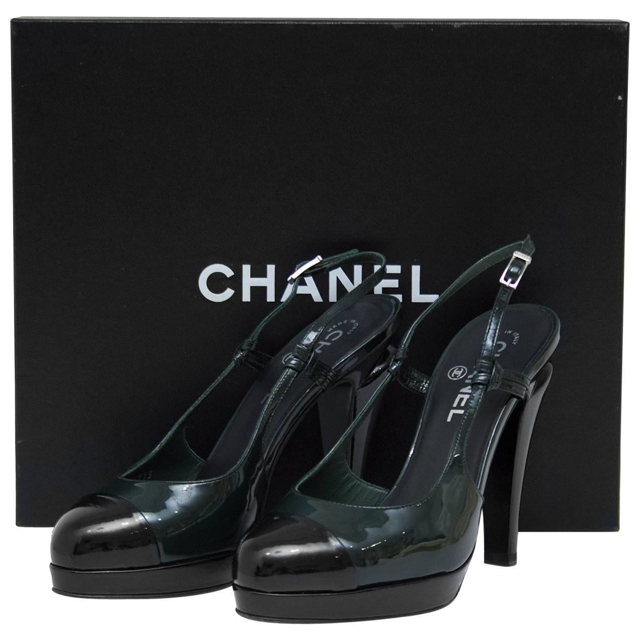 Chanel Dark Green and Black Patent Leather Sling Back Heels, 2000s  