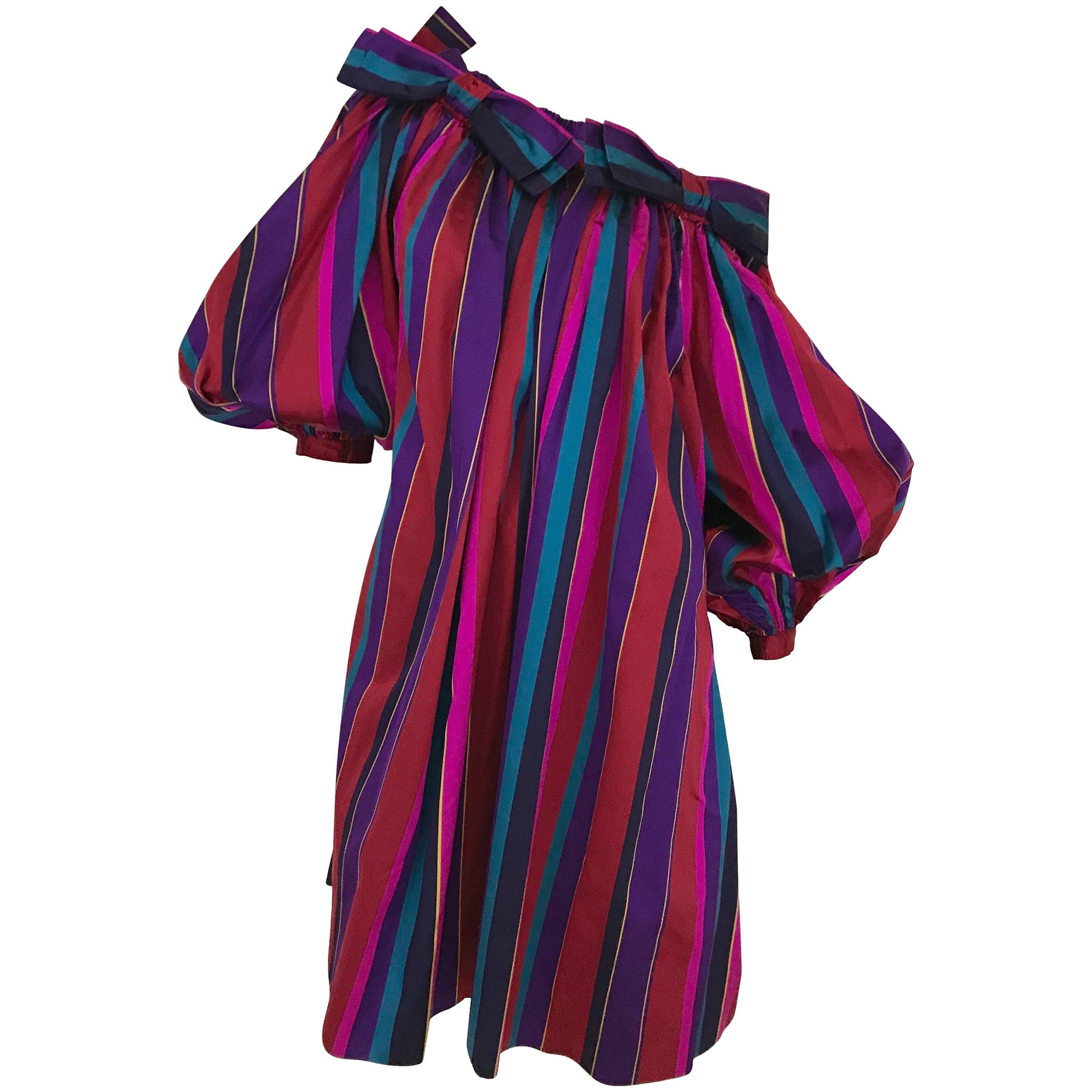 1980s Saint Laurent Red and Purple Striped Silk Dress With Oversized Sleeves