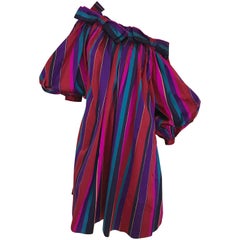 Vintage 1980s Saint Laurent Red and Purple Striped Silk Dress With Oversized Sleeves