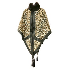 Vintage 1970s Christian Dior Suede Leopard Print Cape with Fox Fur Collar