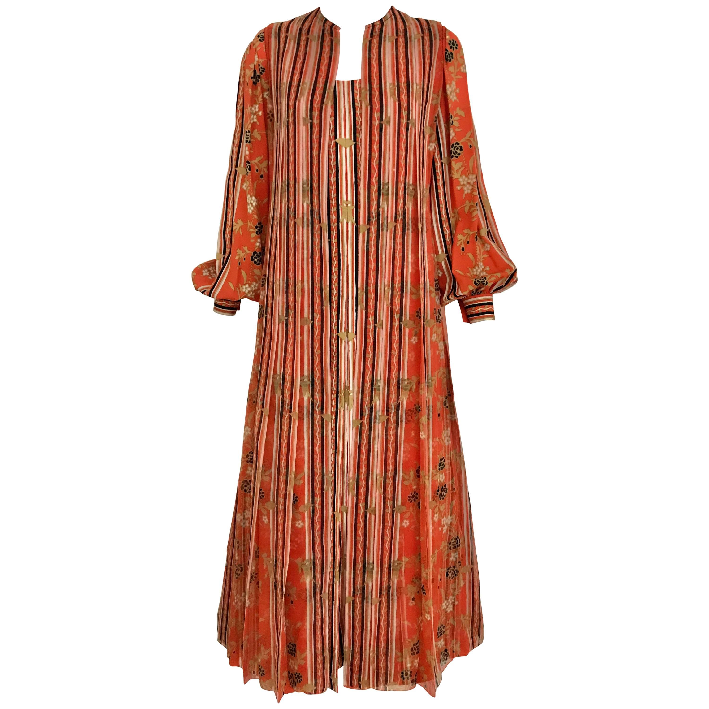 1970s GALANOS Orange and Black Floral Silk Print Dress with Vest  For Sale