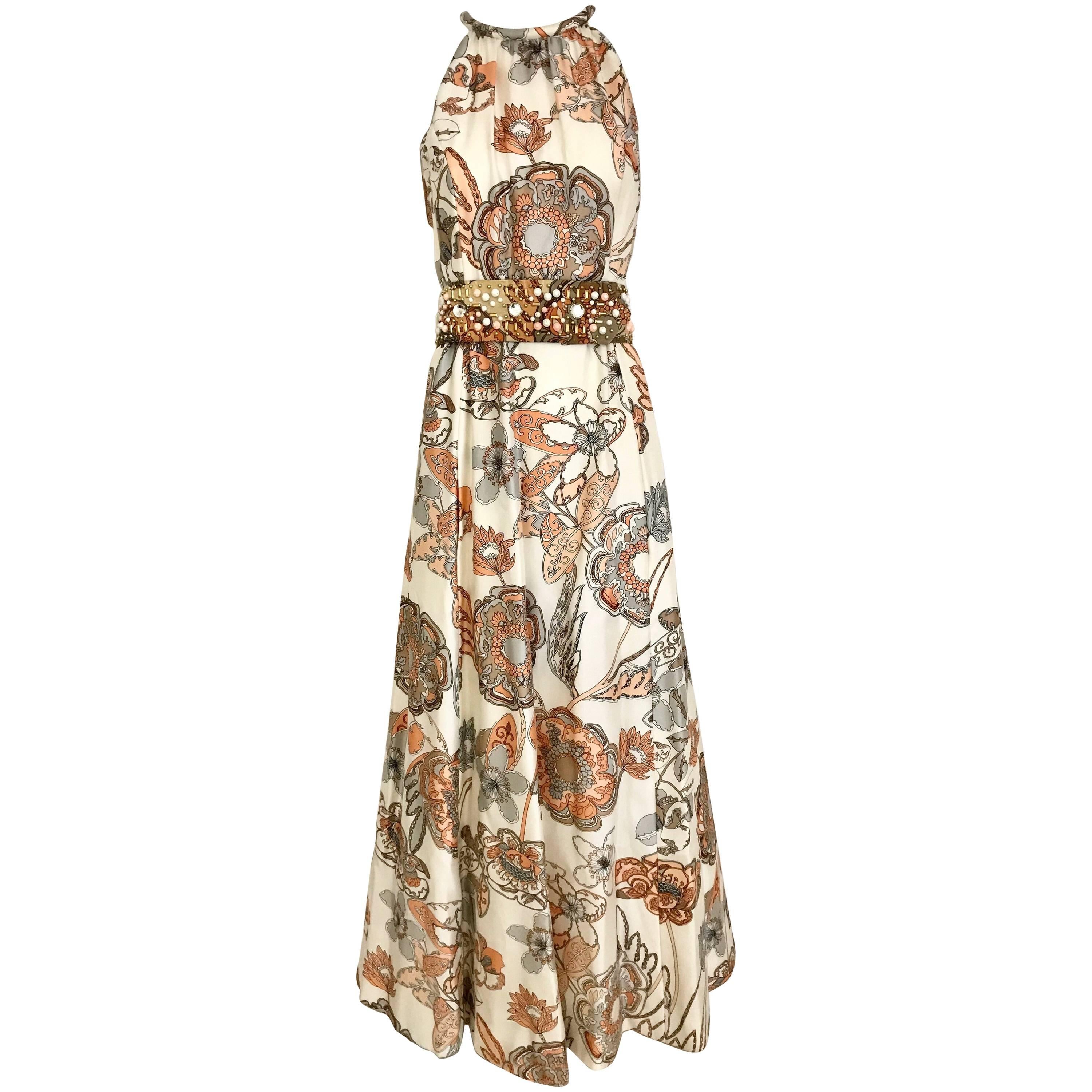 1970s Malcolm Starr Creme and Peach Floral Print Silk Dress with Jeweled belt