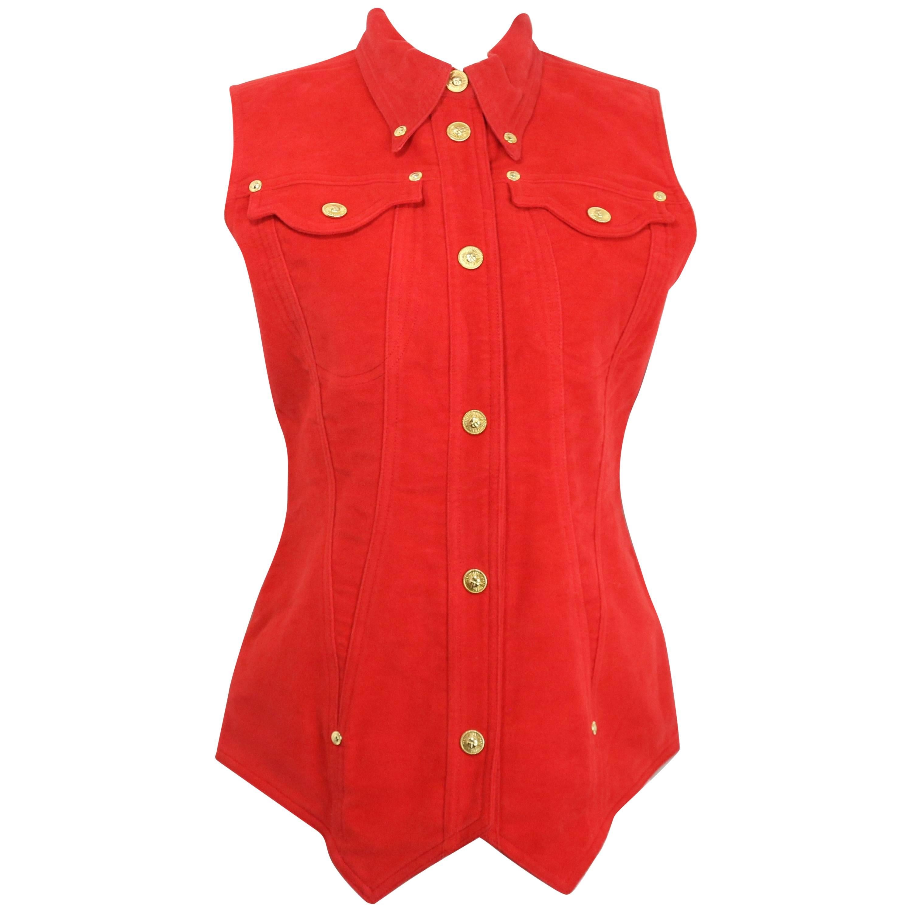 Gianni Versace Jeans Couture Red Cotton Collar Vest For Sale